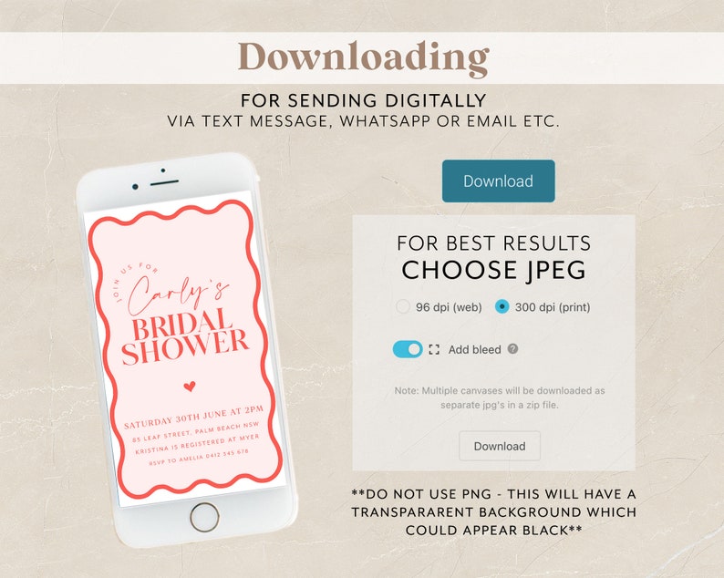 May include: A digital invitation for a bridal shower for Carly. The invitation is pink with red text and a red heart. The text says "Join us for Carly's Bridal Shower" and includes the date, time, and location of the event. The invitation is displayed on a smartphone screen.
