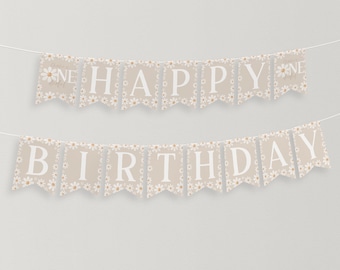 Daisy Birthday Banner, Daisy Flower Happy Birthday Banner Printable, Happy 1st Birthday Banner, First Birthday Decor Daisy Banner Neutral