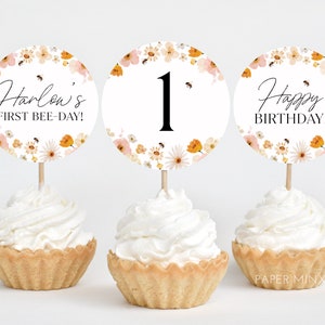 First Bee Day Cupcake Toppers, Printable Cupcake Topper, Bee Cupcake Topper, Bee 1st Birthday Editable Cupcake Toppers, Girls 1st Birthday