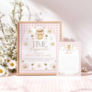 Bee 1st Birthday Time Capsule Sign: Pink Gingham (Canva Template, 8x10 & 5x7)