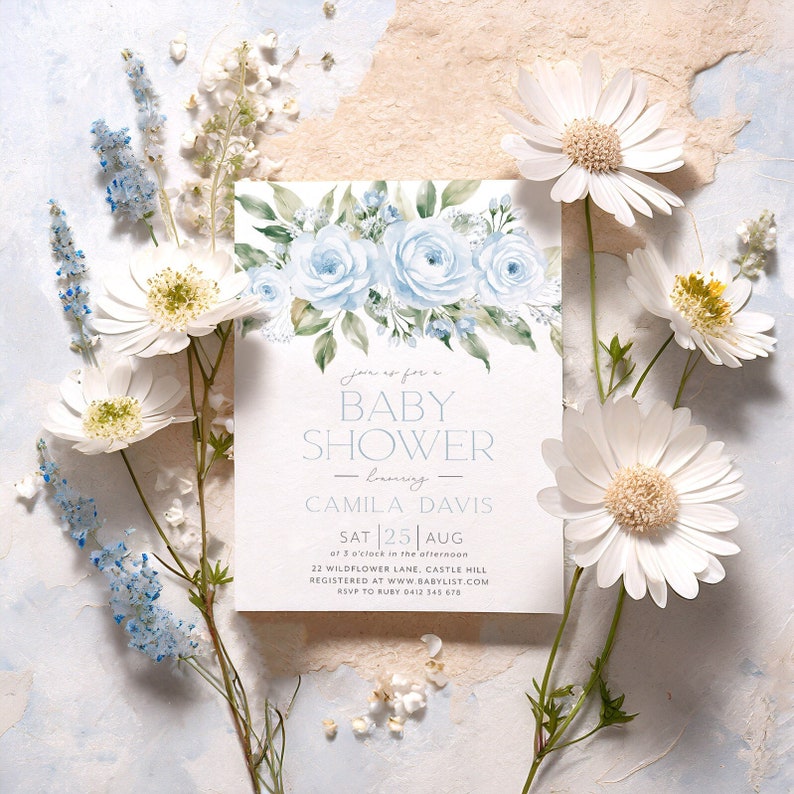 Baby Shower Invitation, Blue Floral Baby Shower Invitation, Blue Flower Invitation, Floral Baby Brunch, Blue Baby Shower Invitation Boy image 1