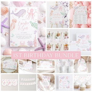 Oneder the Sea Birthday Invitation Bundle Girl Under the Sea 1st Birthday Invite Pink Purple, 1st Birthday Girl, Sea Party Decorations Pink