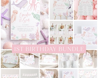 Oneder the Sea Birthday Invitation Bundle Girl Under the Sea 1st Birthday Invite Pink Purple, 1st Birthday Girl, Sea Party Decorations Pink