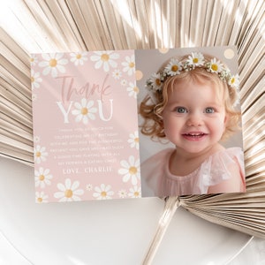 Daisy Thank You Card Template, Printable Thank You Card, Daisy Flower Thank You Card Editable, Pink Flower Thank You Card, 1st Birthday Girl