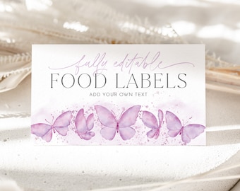 Peut inclure: Etiquettes alimentaires imprimables avec un motif aquarelle de papillons violets. Le texte sur l'étiquette indique "entièrement éditable ÉTIQUETTES ALIMENTAIRES AJOUTEZ VOTRE PROPRE TEXTE".