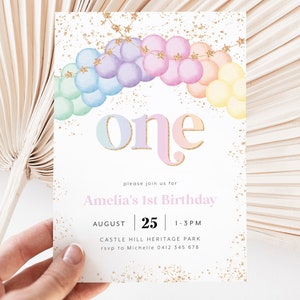Pastel Rainbow Birthday Invitation, Pastel 1st Birthday Invite, First Birthday Invitation, 1st Birthday Girl, Pastel Rainbow Balloon Arch