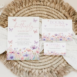 May include: A baby shower invitation with a watercolor butterfly design. The invitation is for Selena Davies and includes the date, time, and location of the shower. It also includes a request for guests to bring a book for the baby instead of a card.