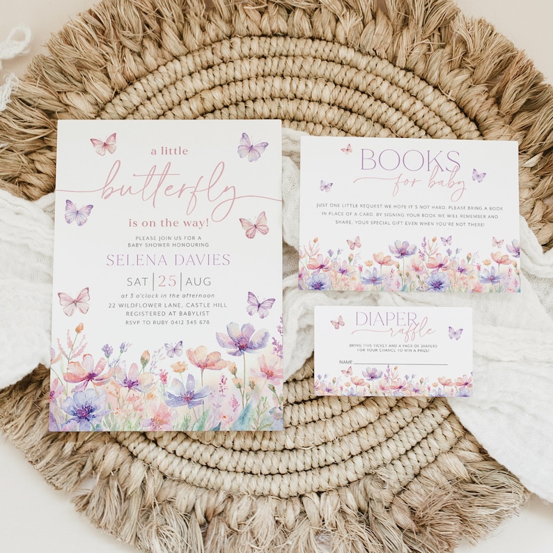 May include: A baby shower invitation with a watercolor butterfly design. The invitation is for Selena Davies and includes the date, time, and location of the shower. It also includes a request for guests to bring a book for the baby instead of a card.
