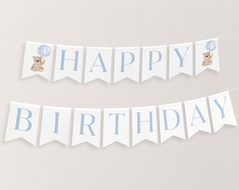 Bear Birthday Banner, Happy Birthday Banner Printable, Happy 1st Birthday Banner, First Birthday Decor, Beary First Birthday Banner Blue