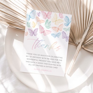 Rainbow Butterfly Thank You Card, Pastel Butterfly Thank you, 1st Birthday Butterfly Thank You Card, ButterfliesBirthday Party Decor Rainbow