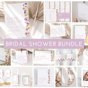 May include: A bridal shower bundle with a floral theme. The bundle includes invitations, thank you cards, food labels, games, and more. The floral design features watercolor wildflowers in shades of pink, purple, and yellow.
