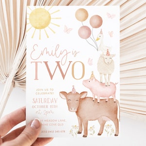 Farm Birthday Invitation Template, Farm Animals 2nd Birthday Invite Girls, Barnyard Animals Birthday Printable Invitation, Girls Birthday