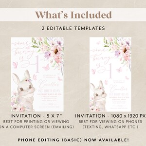 May include: Two editable templates for a bunny-themed first birthday invitation. The design features a watercolor bunny, flowers, and butterflies. The text reads "Some bunny is 1" and includes the birthday details. One invitation is 5 x 7 inches, the other is 1080 x 1920 px.