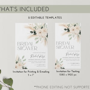 Op de afbeelding: Twee afdrukbare bruidsdouche-uitnodigingstemplates. Het ontwerp bevat een aquarel-illustratie van witte bloemen, pampasgras en groen. De tekst op de uitnodigingen luidt "Bridal Shower" en bevat de naam van de bruid, datum, tijd en locatie. De uitnodiging voor printen en e-mailen is 5x7 inch. De uitnodiging voor sms'en is 1080 x 1920 pixels.