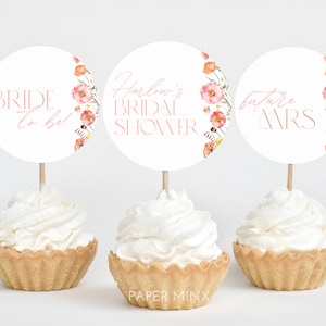 Floral Cupcake Toppers, Bridal Shower Cupcake Toppers, Printable Cupcake Topper, Editable Cupcake Toppers, Pink Floral Bridal Shower Cupcake