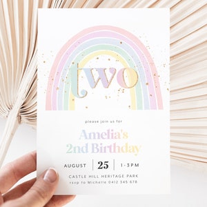 Pastel Rainbow Birthday Invitation, Pastel 2nd Birthday Invite, 2nd Birthday Girl Invitation, Pastel Rainbow Invite 3rd 4th 5th 6th Birthday