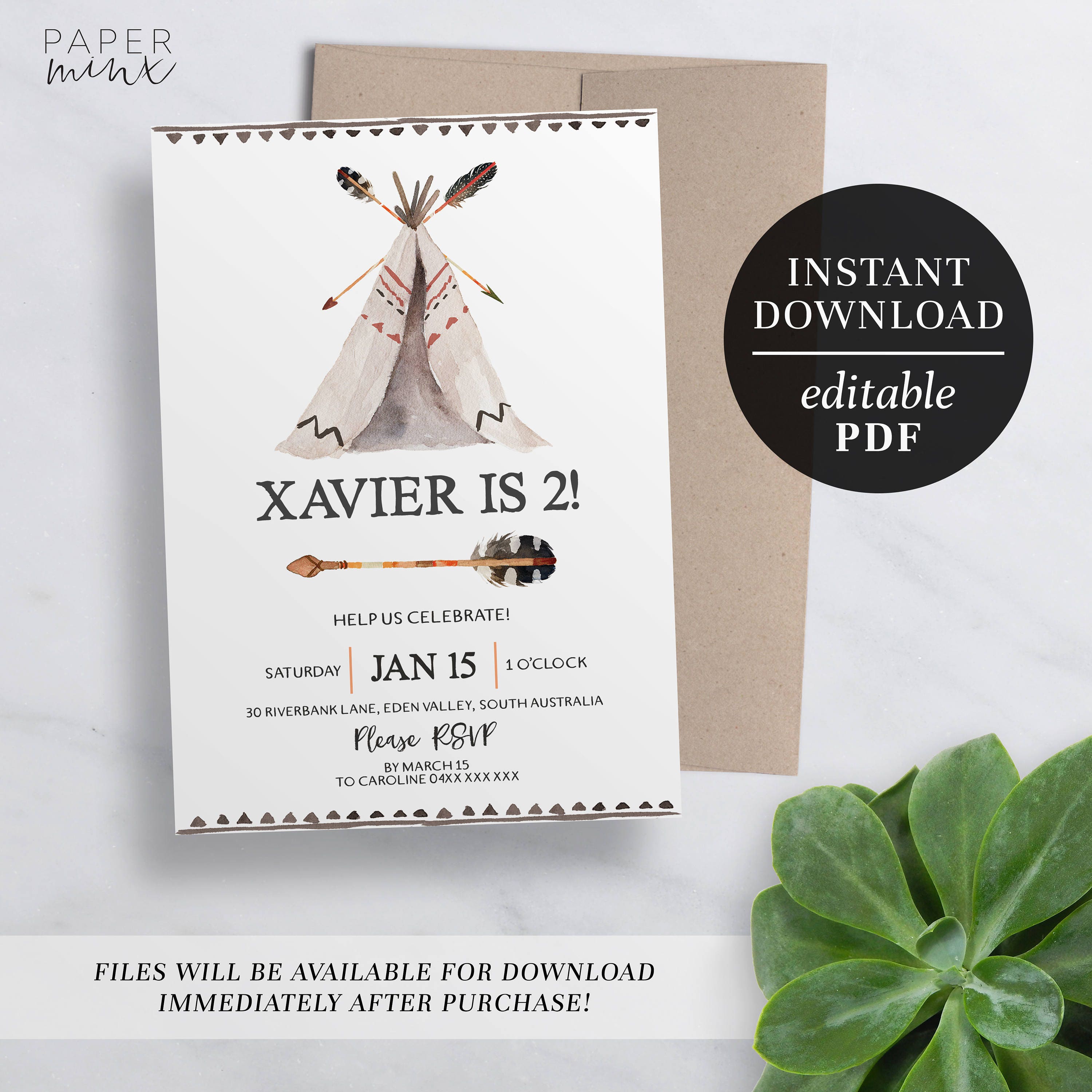 Printable Teepee Birthday Invitation Editable Template Etsy