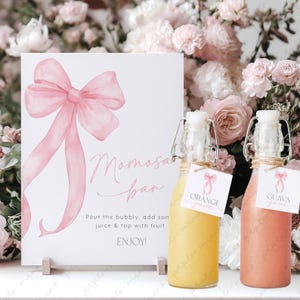 Pink Bow Mimosa Bar Sign, Momosa Bar Sign, Mumosa Bar Sign, Juice Labels, Mimosa Juice Tags, Pink Bow Baby Shower Mimosa Sign Printable