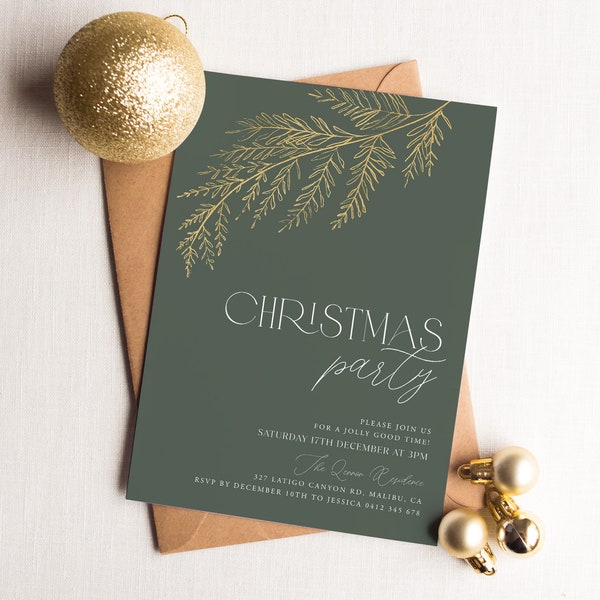 Christmas Party Invitation, Holiday Party Invitation Template, Green Gold Leaf, Editable Christmas Invitation, Modern Leafy Invitation