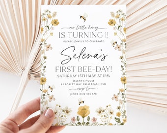Bee Birthday Invitation, Bee 1st Birthday Invite, 1st Bee Day Invitation, Bumble Bee Birthday, Honey Bee Invitation, 1st Birthday Girl Bee