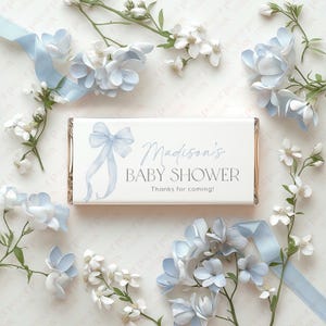 Blue Bow Chocolate Wrapper Printable, Candy Bar Wrapper Template, Chocolate Bar Template, Blue Bow Baby Shower Favors Chocolate Labels