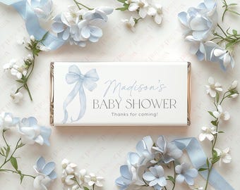 Blue Bow Chocolate Wrapper Printable, Candy Bar Wrapper Template, Chocolate Bar Template, Blue Bow Baby Shower Favors Chocolate Labels