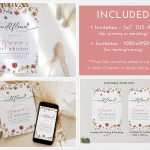 Wildflower 1st Birthday Invitation Bundle, Flower First Birthday Invitation, Wildflower Invitation, Floral 1st Birthday Decorations Girl image 2