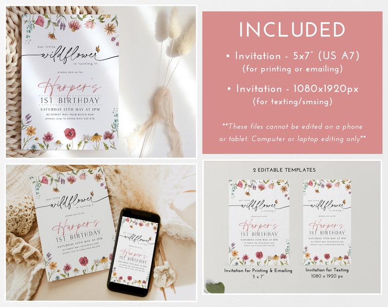 Wildflower 1st Birthday Invitation Bundle, Flower First Birthday Invitation, Wildflower Invitation, Floral 1st Birthday Decorations Girl image 2