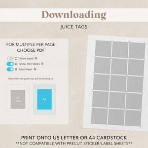 Pu&ograve; includere: Un download digitale per etichette di succo stampabili. L'immagine mostra un'anteprima delle etichette su un foglio di carta. Le etichette sono progettate per essere stampate su cartoncino formato A4 o US Letter. Il testo sull'immagine dice "Downloading Juice Tags" e "FOR MULTIPLE PER PAGE CHOOSE PDF".