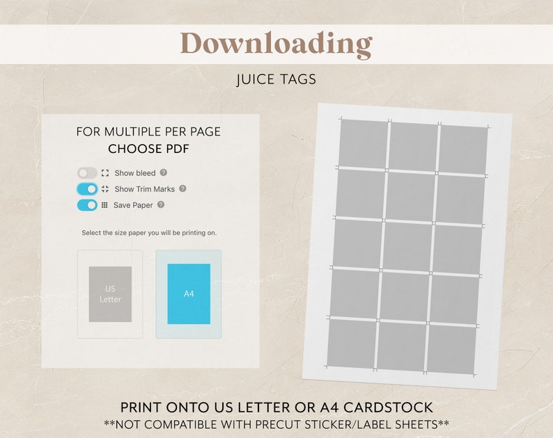 Pu&ograve; includere: Un download digitale per etichette di succo stampabili. L'immagine mostra un'anteprima delle etichette su un foglio di carta. Le etichette sono progettate per essere stampate su cartoncino formato A4 o US Letter. Il testo sull'immagine dice "Downloading Juice Tags" e "FOR MULTIPLE PER PAGE CHOOSE PDF".