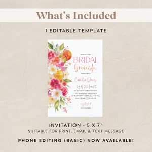 May include: A white invitation card with a floral design and the text "BRIDAL brunch". The invitation is 12.7 x 17.8 cm and includes details for a bridal brunch, including the date, time, and location.