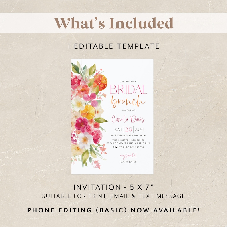 May include: A white invitation card with a floral design and the text "BRIDAL brunch". The invitation is 12.7 x 17.8 cm and includes details for a bridal brunch, including the date, time, and location.