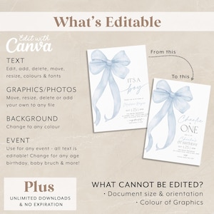 May include: Editable invitation template with a blue watercolor bow. The text "It's a boy" is written in a script font. The template is customizable with text, graphics, and background color. It includes unlimited downloads and no expiration.