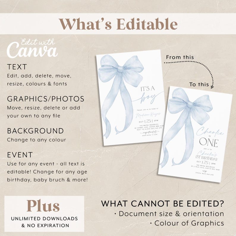 May include: Editable invitation template with a blue watercolor bow. The text "It's a boy" is written in a script font. The template is customizable with text, graphics, and background color. It includes unlimited downloads and no expiration.