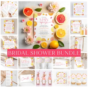 Citrus Bridal Shower Invitation Bundle, Main Squeeze Bridal Shower Bundle, Editable Games, Printable Citrus Bridal Shower Bundle Floral Pink