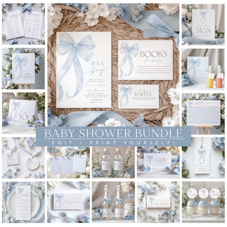 May include: A baby shower bundle with blue and white decorations. The bundle includes invitations, food labels, a sign, a raffle ticket, and other printable items. The text "It's a boy" is on the invitation. The text "Books for baby" is on the food label. The text "Welcome Sign" is on the sign. The text "Raffle" is on the raffle ticket.