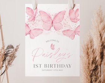 Butterfly 1st Birthday Welcome Sign, Pink Butterfly Birthday Welcome Sign, 1st Birthday Sign, Butterfly Party Decor, Birthday Welcome Sign