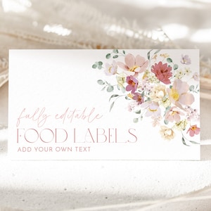 Floral Bridal Shower Food Labels, Food Label Card, Food Tent Cards, Food Tags, Food Labels, Folded Food Cards, Wildflower Tented Food Cards