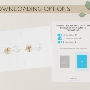 May include: A digital download interface with options for printing baptism invitations. The design includes a cross with floral accents and the text "Oliver Bolts Baptism". Options include bleed, trim marks, and paper size selection.