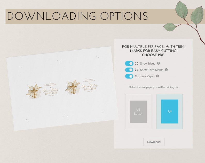 May include: A digital download interface with options for printing baptism invitations. The design includes a cross with floral accents and the text "Oliver Bolts Baptism". Options include bleed, trim marks, and paper size selection.