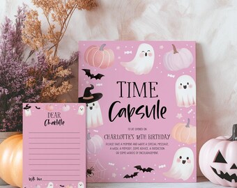 May include: Pink and white time capsule printable with a ghost and pumpkin theme. The text reads "Time Capsule" and "To be opened on Charlotte's 18th Birthday".