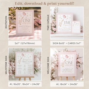 May include: Printable set of pink and white gingham themed party signs for a first birthday. The set includes a welcome sign, a milestone sign, a time capsule sign, and an invitation. The signs feature a cute goose illustration with balloons and the text "One Silly Goose".