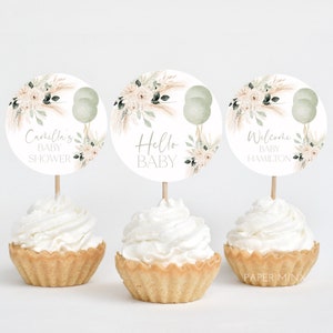 Sage Cupcake Toppers, Baby Shower Greenery Cupcake Toppers, Printable Greenery Baby Shower Cupcake Topper Editable, Gender Neutral Shower