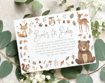 Woodland Books For Baby Card Printable, Book Request Card, Woodland Baby Shower Books For Baby, Forest Animals Bear Deer Fox Gender Neutral