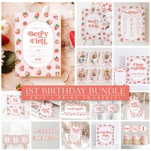 May include: A printable 1st birthday party bundle with a strawberry and berry theme. The bundle includes a variety of items such as invitations, food labels, thank you cards, a time capsule, a custom sign, and cupcake toppers. The text "Berry First Birthday!" is featured on several of the items.