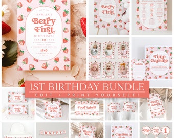 Berry First Birthday Invitation Bundle, Printable Strawberry Invitation 1st Birthday, Berry Birthday Decorations, Printable First Birthday