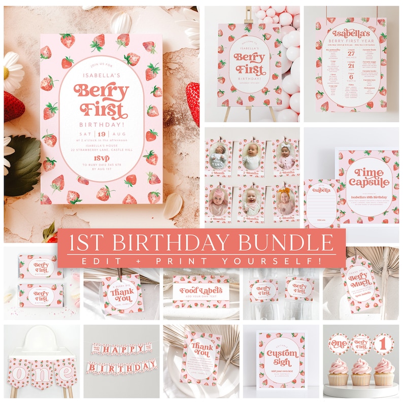 May include: A printable 1st birthday party bundle with a strawberry and berry theme. The bundle includes a variety of items such as invitations, food labels, thank you cards, a time capsule, a custom sign, and cupcake toppers. The text "Berry First Birthday!" is featured on several of the items.