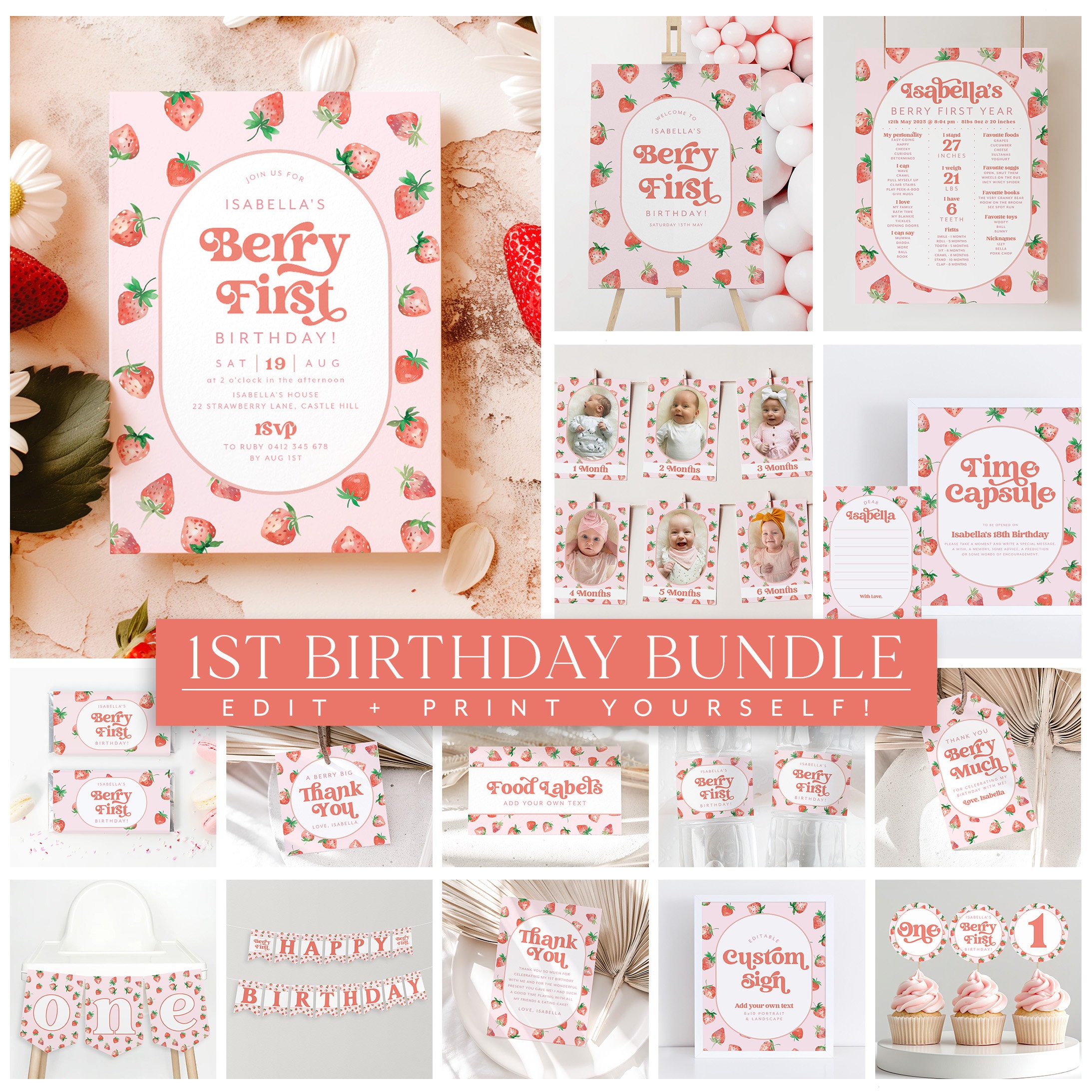 Berry First Birthday Invitation Bundle, Printable Strawberry Invitation 1st Birthday, Berry Birthday Decorations, Printable First Birthday