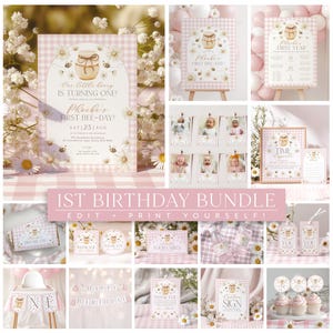 May include: A collection of pink and white party decorations with a bee theme. Includes invitations, signs, labels, and tags. The text includes "Our Little Honey is Turning One!" and "First Bee-Day!" with daisy and bee illustrations. The bundle is designed for a first birthday celebration.