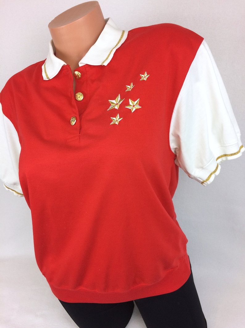 VTG 80s nautical marine stars xmas polo shirt top tee red white by BLAST Size M